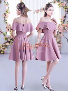 Chiffon Off The Shoulder Short Sleeves Zipper Ruching Wedding Guest Dresses in Pink