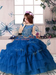 Blue Organza Zipper Child Pageant Dress Sleeveless Floor Length Beading and Pick Ups