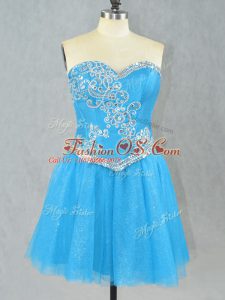 High Quality Sweetheart Sleeveless Evening Dress Mini Length Beading Aqua Blue Tulle