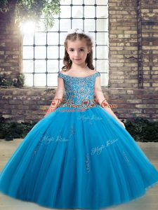 New Style Floor Length Baby Blue Pageant Gowns For Girls Off The Shoulder Sleeveless Lace Up