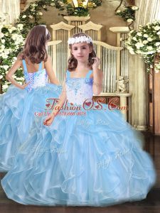 Perfect Beading and Ruffles Pageant Dress for Girls Baby Blue Lace Up Sleeveless Floor Length