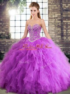Custom Made Floor Length Lavender Quinceanera Gown Tulle Sleeveless Beading and Ruffles