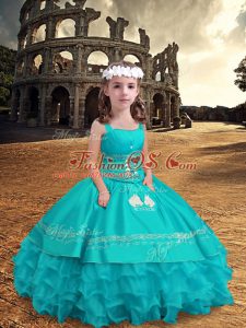 Stunning Floor Length Zipper Kids Formal Wear Aqua Blue for Wedding Party with Embroidery and Ruffled Layers