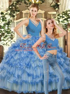 Sweet Ruffles Sweet 16 Dresses Blue Backless Sleeveless Floor Length