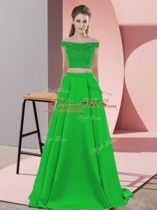 Unique Green Elastic Woven Satin Backless Off The Shoulder Sleeveless Evening Dress Sweep Train Beading