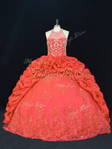 Halter Top Sleeveless Taffeta Quince Ball Gowns Beading and Appliques and Embroidery Lace Up