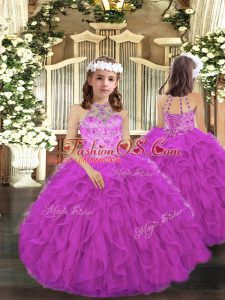 Fuchsia Ball Gowns Beading and Ruffles Child Pageant Dress Lace Up Tulle Sleeveless Floor Length