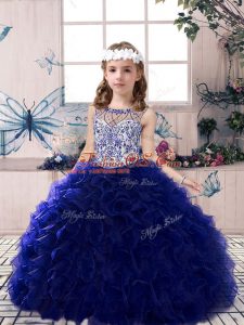 Royal Blue Lace Up Kids Formal Wear Beading and Ruffles Sleeveless Floor Length