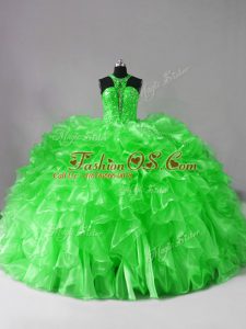 Ball Gown Prom Dress Sweet 16 and Quinceanera with Beading and Ruffles Halter Top Sleeveless Brush Train Lace Up
