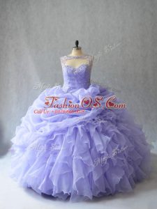 Lavender Lace Up Scoop Beading and Ruffles and Pick Ups Quinceanera Gown Organza Sleeveless Brush Train