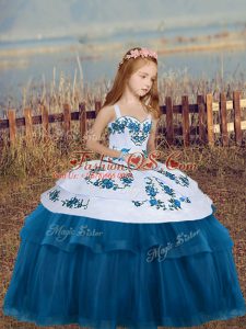 Dramatic Blue Sleeveless Tulle Lace Up Little Girl Pageant Dress for Party and Wedding Party