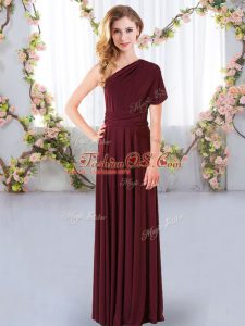Dynamic Floor Length Burgundy Bridesmaid Dresses Chiffon Sleeveless Ruching