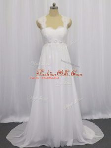 Superior White Sleeveless Brush Train Beading and Lace Wedding Dress