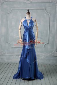 Dramatic Blue Mermaid Beading and Ruching Evening Wear Criss Cross Elastic Woven Satin Sleeveless