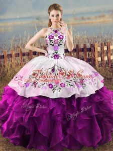 Floor Length White And Purple Ball Gown Prom Dress Organza Sleeveless Embroidery and Ruffles