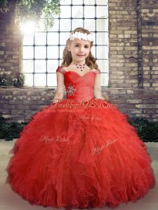 High End Red Ball Gowns Straps Sleeveless Tulle Floor Length Side Zipper Beading and Ruffles Pageant Gowns For Girls