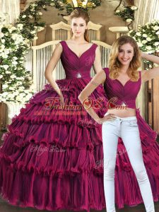 Organza V-neck Sleeveless Backless Beading and Ruffled Layers Quinceanera Dress in Burgundy