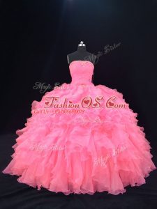 Pink Sweet 16 Quinceanera Dress Sweet 16 and Quinceanera with Beading and Ruffles Strapless Sleeveless Lace Up