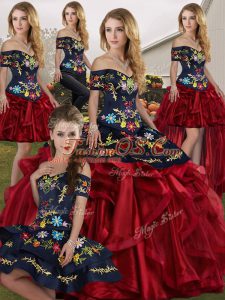 Hot Sale Red And Black Sleeveless Embroidery and Ruffles Floor Length Quince Ball Gowns