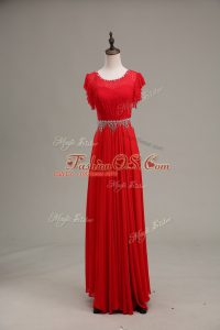 Attractive Red Empire Beading and Lace Runway Inspired Dress Zipper Chiffon Sleeveless Floor Length