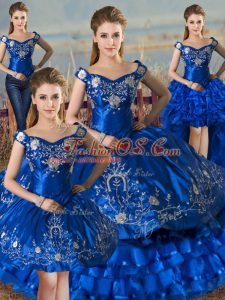 Popular Royal Blue Vestidos de Quinceanera Sweet 16 and Quinceanera with Embroidery and Ruffled Layers Off The Shoulder Sleeveless Lace Up
