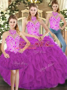 High End Fuchsia Sleeveless Tulle Lace Up Sweet 16 Dress for Military Ball and Sweet 16 and Quinceanera