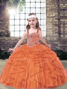 Tulle Straps Sleeveless Lace Up Beading and Ruffles Pageant Gowns For Girls in Orange Red