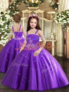 Sleeveless Tulle Floor Length Lace Up Child Pageant Dress in Purple with Beading and Ruffled Layers