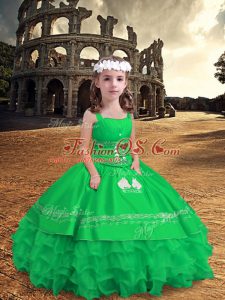 Green Satin and Organza Zipper Straps Sleeveless Floor Length Little Girls Pageant Dress Embroidery and Ruffled Layers