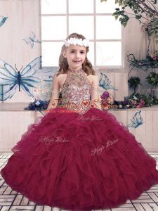 Custom Fit High-neck Sleeveless Lace Up Pageant Dress Wholesale Fuchsia Tulle