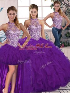 Purple Tulle Lace Up Halter Top Sleeveless Floor Length 15th Birthday Dress Beading and Ruffles