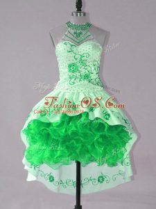 Green Halter Top Neckline Embroidery and Ruffles Prom Party Dress Sleeveless Lace Up