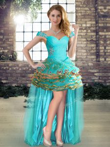 Aqua Blue Sleeveless Beading and Ruffled Layers High Low Prom Dress