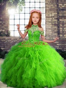 Sleeveless Floor Length Beading and Ruffles Lace Up Little Girls Pageant Dress with
