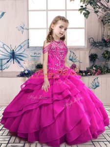 Gorgeous Fuchsia Sleeveless Floor Length Beading and Ruffles Lace Up Little Girls Pageant Dress