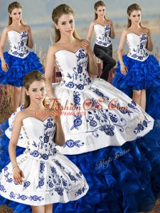 Blue And White Organza Lace Up 15 Quinceanera Dress Sleeveless Floor Length Embroidery and Ruffles