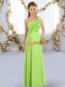 Beauteous Chiffon Lace Up One Shoulder Sleeveless Floor Length Bridesmaids Dress Hand Made Flower