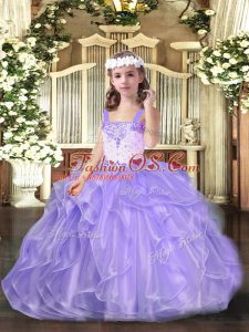 Wonderful Lavender Sleeveless Organza Lace Up Little Girls Pageant Dress for Party and Sweet 16 and Wedding Party