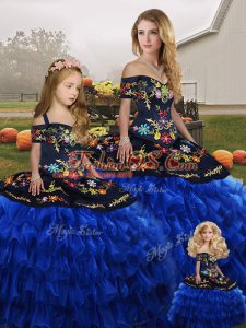 Customized Blue And Black Off The Shoulder Neckline Embroidery and Ruffled Layers Sweet 16 Dress Sleeveless Lace Up