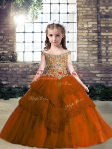 Rust Red Sleeveless Floor Length Beading and Appliques Lace Up Pageant Dress for Teens