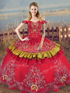Enchanting Red Ball Gowns Satin and Organza Off The Shoulder Sleeveless Embroidery Floor Length Lace Up Vestidos de Quinceanera