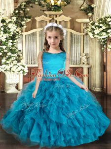 Tulle Scoop Sleeveless Lace Up Ruffles Evening Gowns in Blue