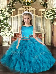 Tulle Scoop Sleeveless Lace Up Ruffles Evening Gowns in Blue