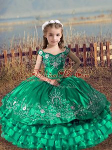 Custom Made Turquoise Sleeveless Embroidery and Ruffled Layers Floor Length Child Pageant Dress