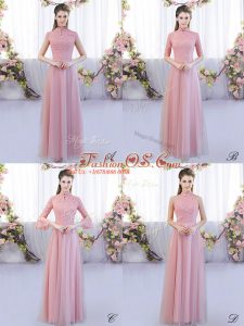 Modest Cap Sleeves Tulle Floor Length Zipper Quinceanera Court Dresses in Pink with Lace