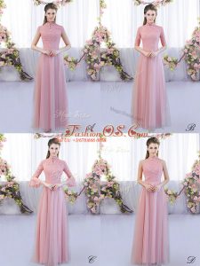 Modest Cap Sleeves Tulle Floor Length Zipper Quinceanera Court Dresses in Pink with Lace