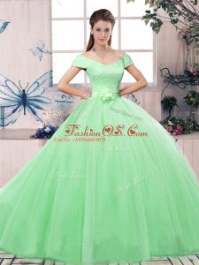 Tulle Short Sleeves Floor Length Vestidos de Quinceanera and Lace and Hand Made Flower