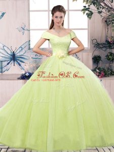 Nice Off The Shoulder Short Sleeves Tulle Sweet 16 Quinceanera Dress Lace and Hand Made Flower Lace Up