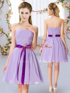 Lavender Chiffon Lace Up Sweetheart Sleeveless Mini Length Quinceanera Court Dresses Belt