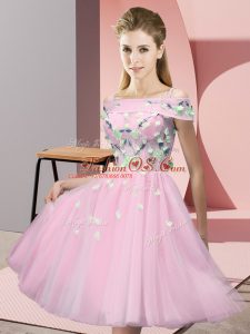 Sexy Baby Pink Empire Tulle Off The Shoulder Short Sleeves Appliques Knee Length Lace Up Quinceanera Court of Honor Dress